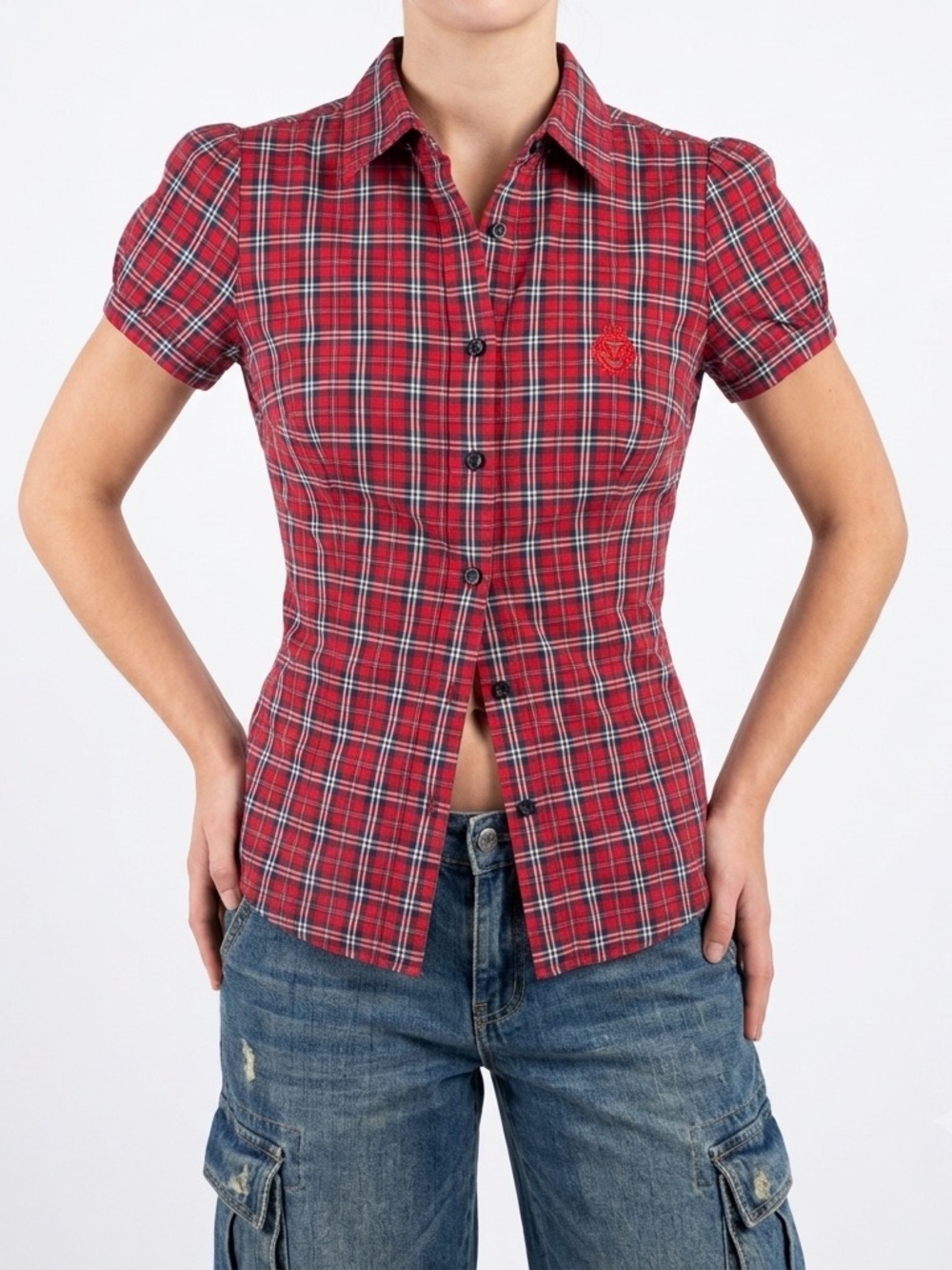 Red Plaid Short-Sleeve Button-Front Cotton Shirt